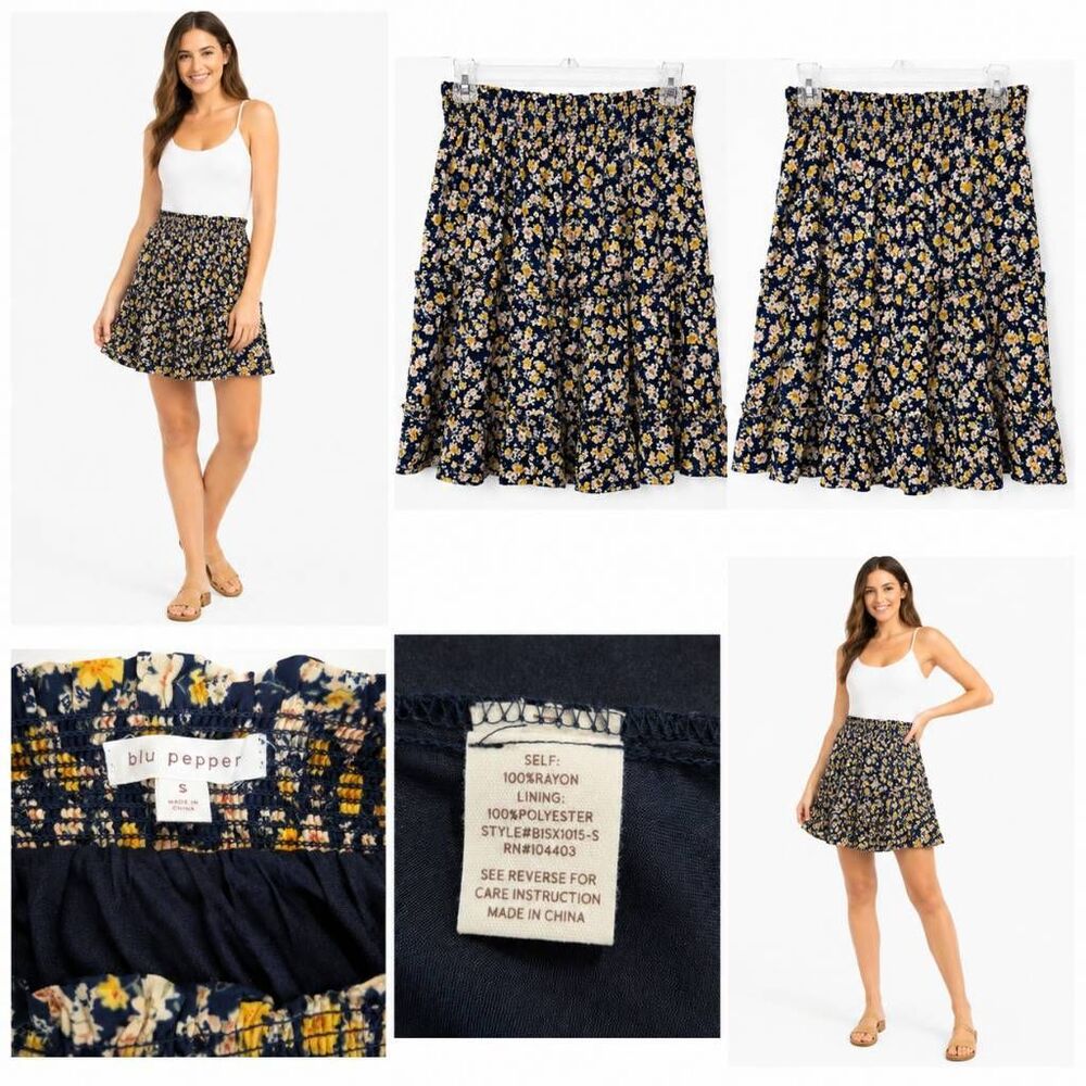 Blu Pepper Floral Tiered Mini Skirt Smocked Waist S